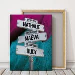 toile famille prénom " plume rouge et bleu" à personnaliser avec prénom et date